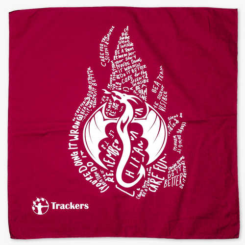 Red bandana with text in the shape of fire and a dragon in the middle