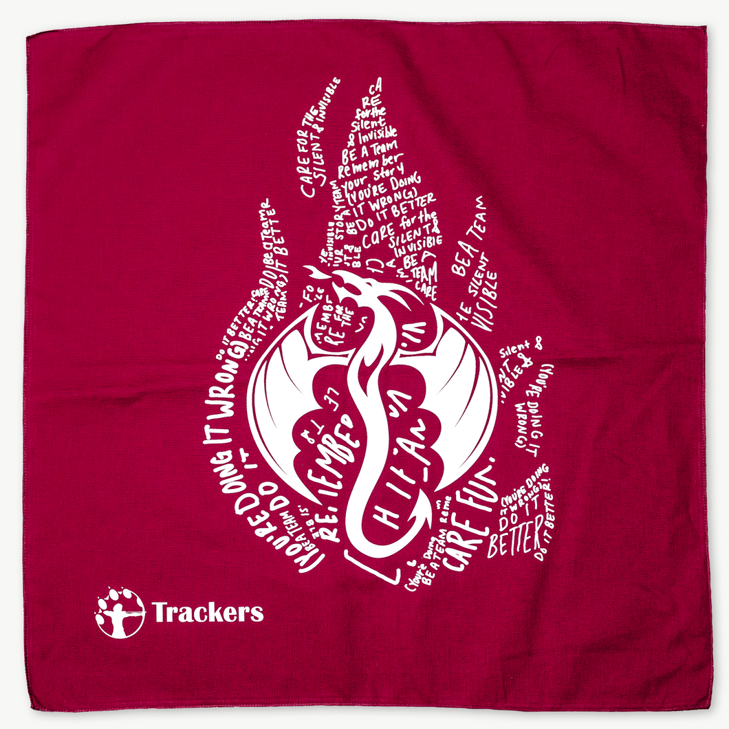 Red bandana with text in the shape of fire and a dragon in the middle