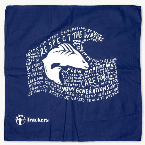 Blue bandana with white text in the shape of a wave with a fish in the center