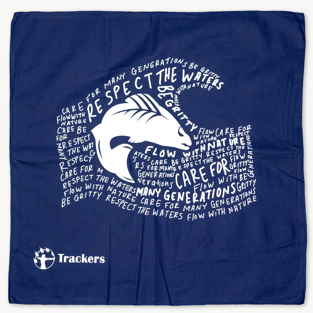Blue bandana with white text in the shape of a wave with a fish in the center