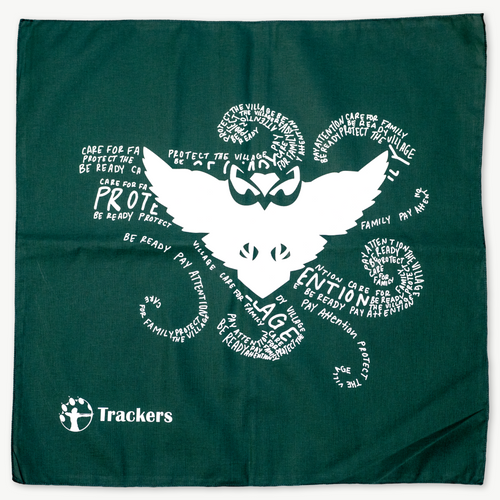 Green bandana with white text in shape of a gust of wind with an owl in the middle