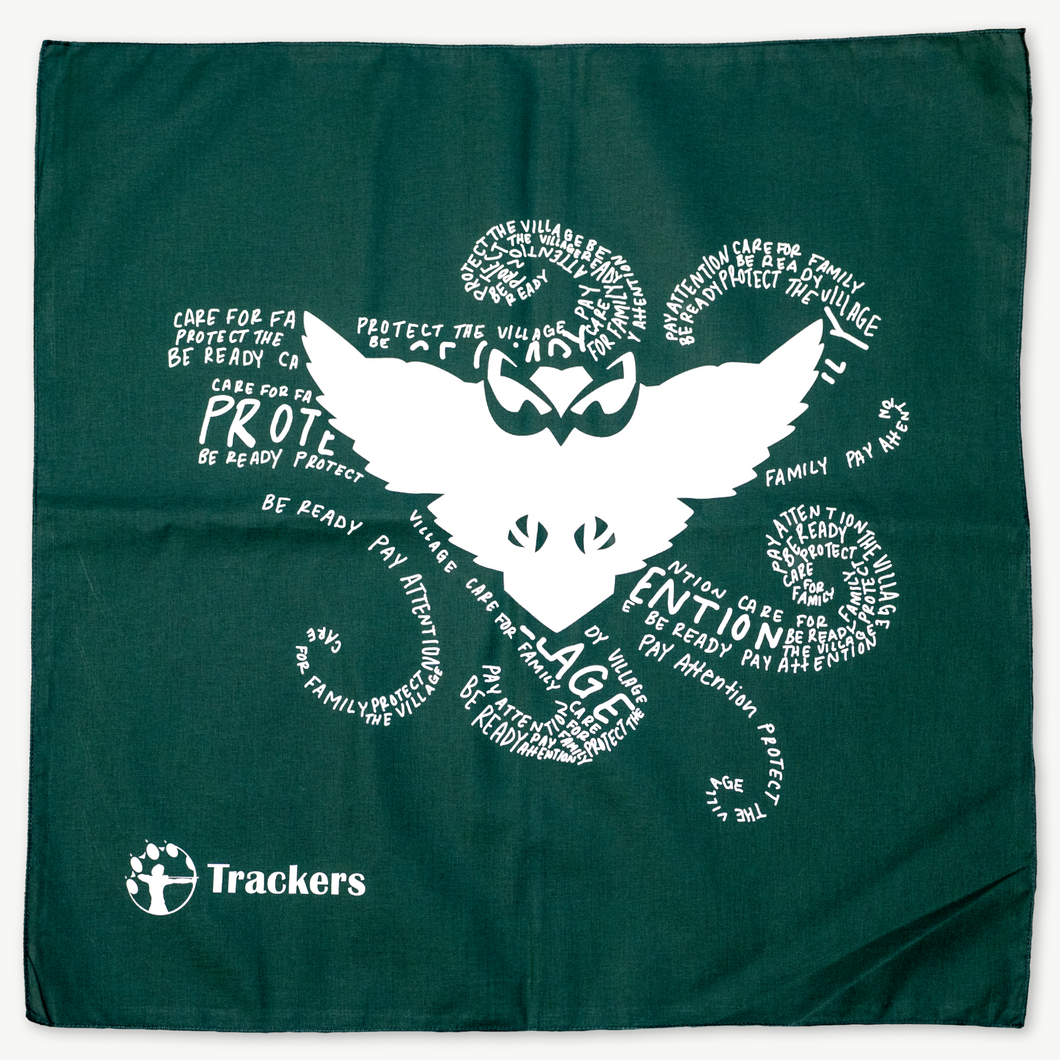Green bandana with white text in shape of a gust of wind with an owl in the middle