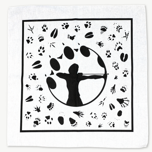 White bandana with silhouette of a person with a bow and arrow surrounded by animal tracks on a white background