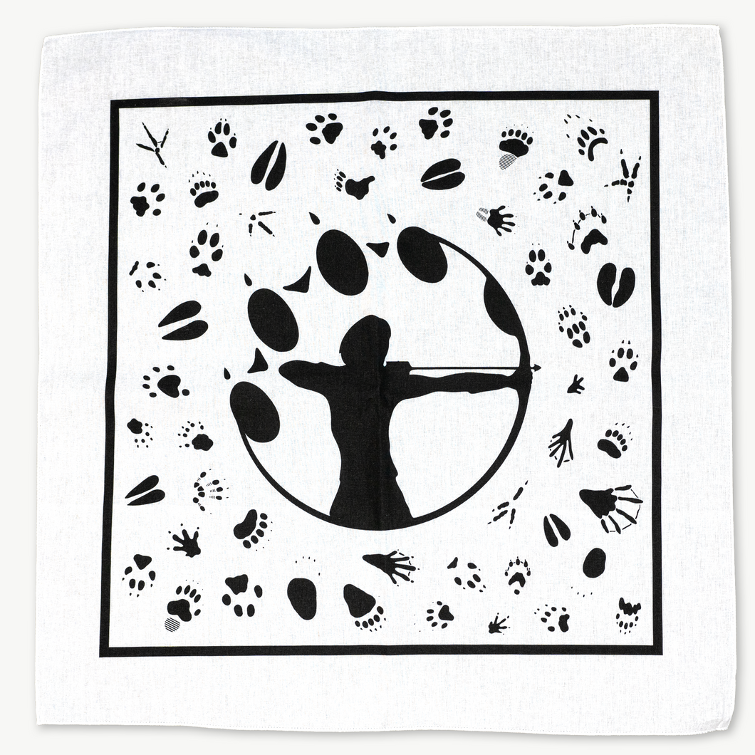 White bandana with silhouette of a person with a bow and arrow surrounded by animal tracks on a white background