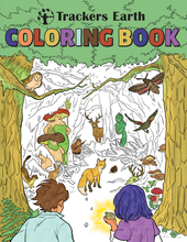 Coloring book cover with forest scene, children, and animals, featuring the title 'Trackers Earth Coloring Book'.