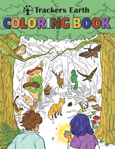 Coloring book cover with forest scene, children, and animals, featuring the title 'Trackers Earth Coloring Book'.