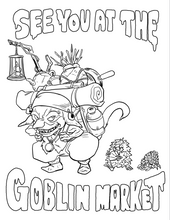 Cartoon goblin with market items and text 'See you at the Goblin Market' on a white background