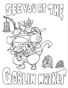 Cartoon goblin with market items and text 'See you at the Goblin Market' on a white background