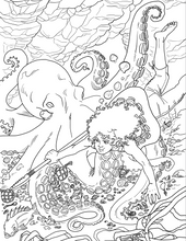 Black and white illustration of a mariner and octopus underwater scene