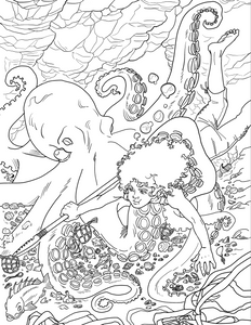 Black and white illustration of a mariner and octopus underwater scene