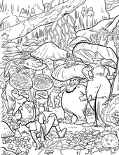 Coloring page with a fantasy scene featuring mushrooms and a tracker in a forest