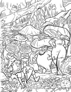 Coloring page with a fantasy scene featuring mushrooms and a tracker in a forest