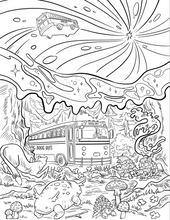 Coloring page with a bus in a fantasy landscape featuring trees, mushrooms, and a starry sky.