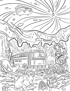 Coloring page with a bus in a fantasy landscape featuring trees, mushrooms, and a starry sky.